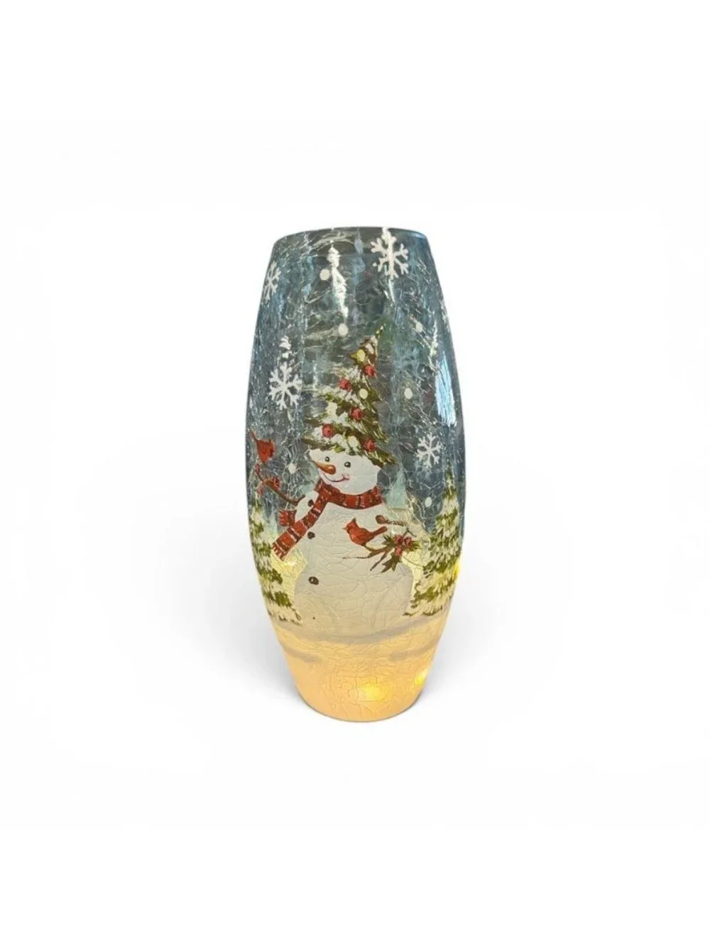 Snowman-Themed LED Crackle Glass Vase With Winter Scene Design
